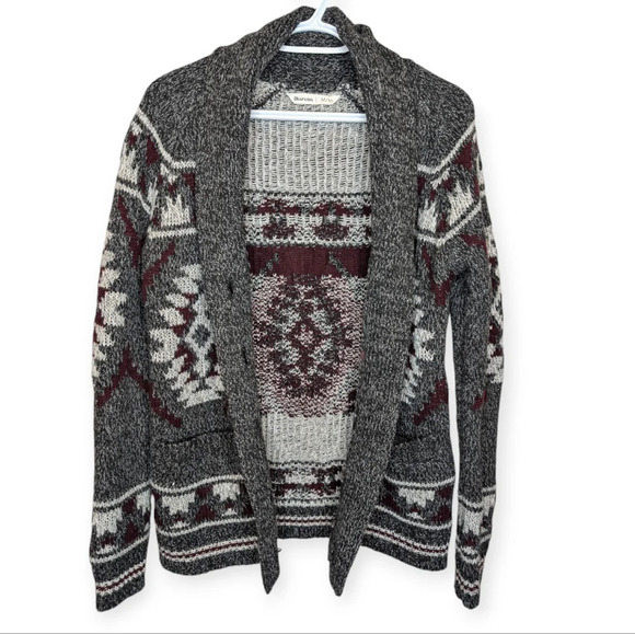 Bluenotes Grey, White & Burgundy Open Front Knit  Aztec Cardigan Medium - Picture 1 of 8